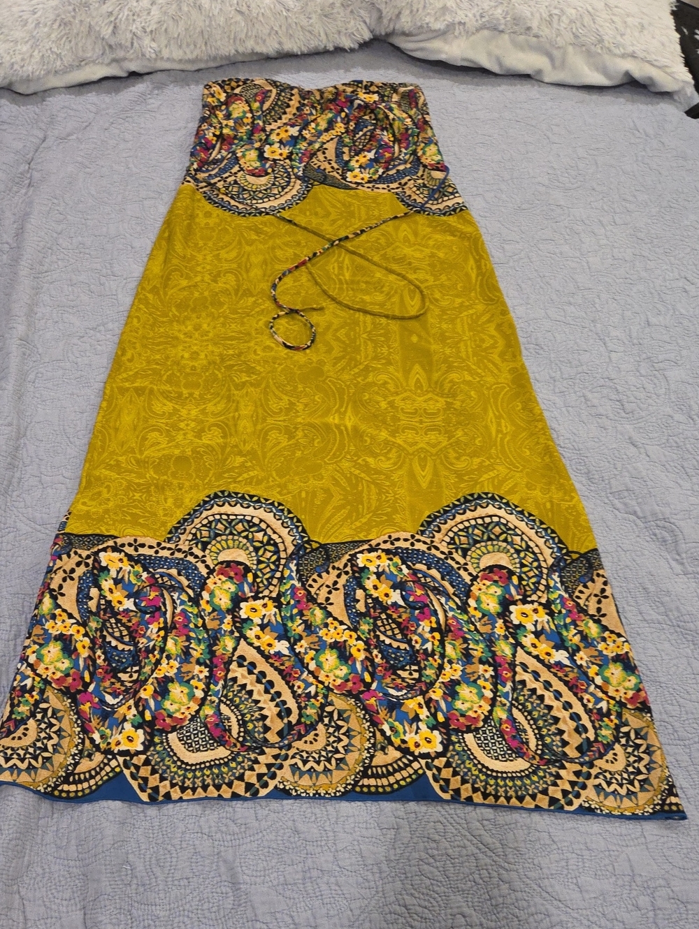 Pink Owl Yellow Paisley Floral Border Print Strapless Maxi Dress - Size S